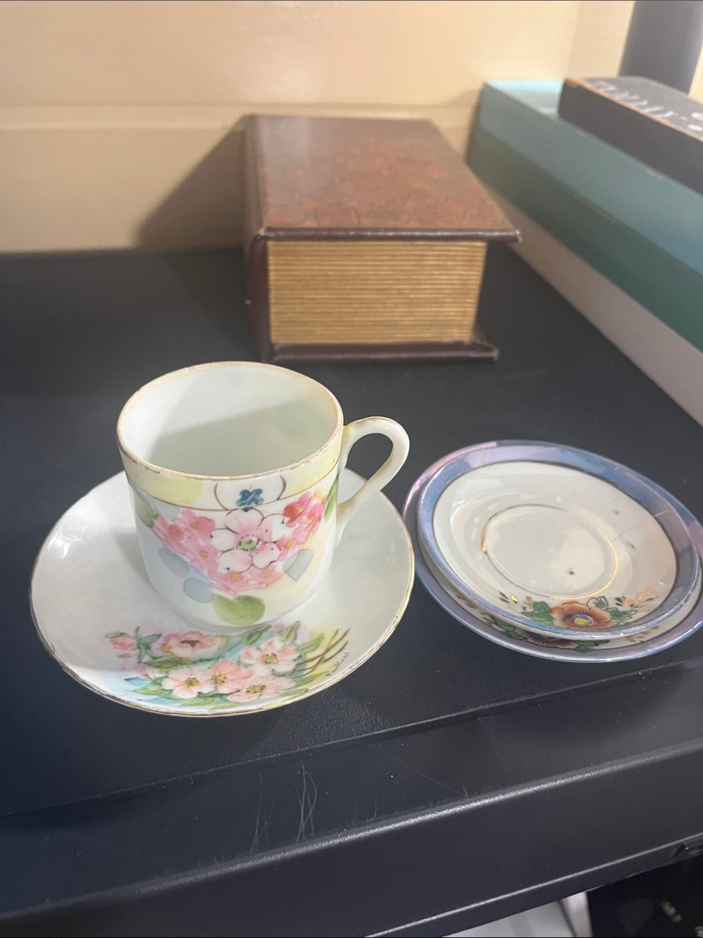 Vintage mixed pattern mini saucers and tea cup Pink Flora